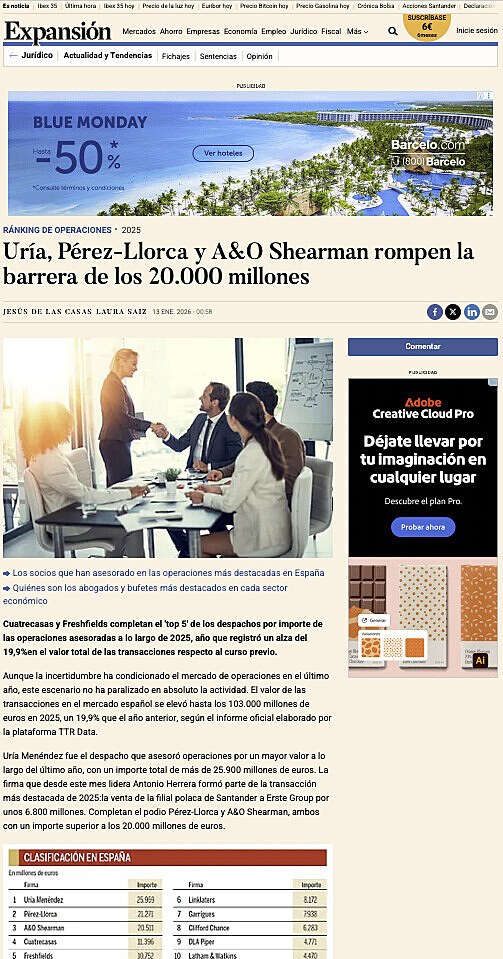 Ur�a, P�rez-Llorca y A&O Shearman rompen la barrera de los 20.000 millones